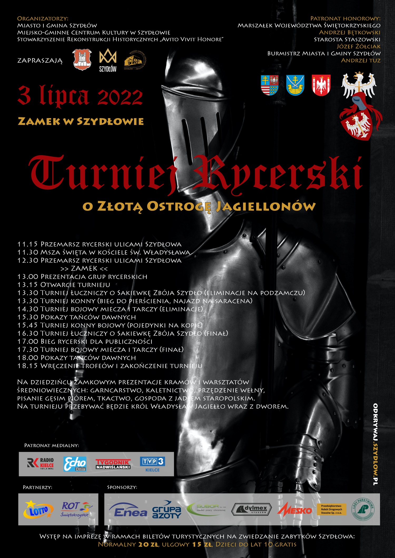 Plakat Turnieju Rycerskiego o Złotą Ostrogę Jagiellonów. Rycerz w zbroi, program turnieju, patronaty, media, sponsorzy.