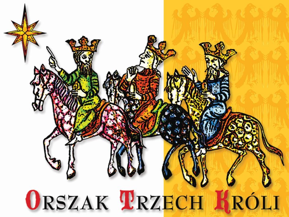 Trzech Króli na koniach zmierza w stronę gwiazdy betlejemskiej.